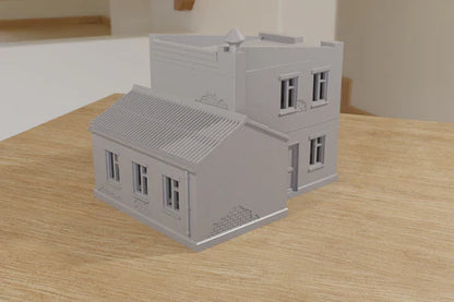 HQ / Weaponry / Communications – widok z przodu z dachem dachówkowym i oknami, teren 28mm Patrick Miniatures
