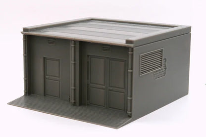 Power Substation – widok z przodu z dwiema bramami i kratkami wentylacyjnymi, teren 28mm Patrick Miniatures

