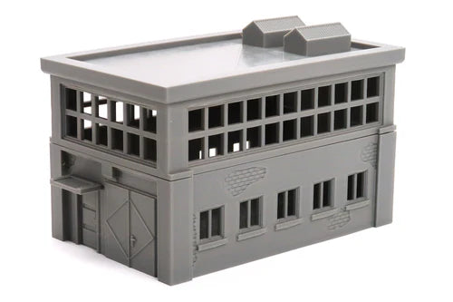 Industrial Building niezłożony, widok z przodu z drzwiami wejściowymi, teren 28mm Patrick Miniatures
