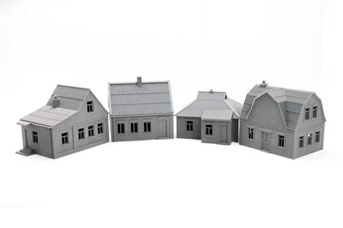 Ukrainian Village Set – 4 domy wiejskie z dachami z falistej blachy, teren 28mm Patrick Miniatures
