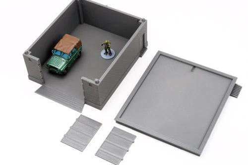 Workshop Garage – zdejmowalny dach i drzwi osobno, wnętrze z UAZ-em i figurką, teren 28mm Patrick Miniatures
