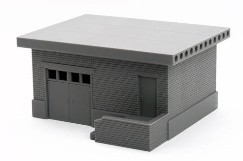 Mid Size Utilities Shed – widok frontu z bramą garażową i bocznymi drzwiami, teren 28mm Patrick Miniatures
