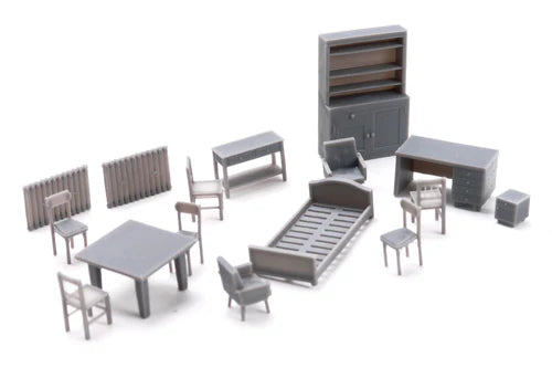 Era Furniture Set A – wszystkie elementy rozłożone: łóżko, krzesła, szafa, biurko, stolik, akcesoria 28mm Patrick Miniatures
