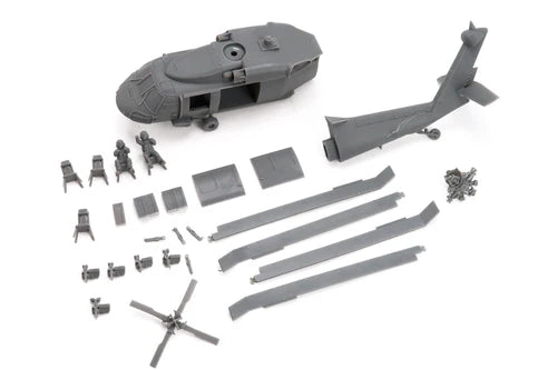 UH-60A Black Hawk – wszystkie elementy rozłożone: kadłub, wirniki, podwozie, figurki załogi, 28mm Patrick Miniatures
