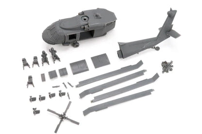 UH-60A Black Hawk – wszystkie elementy rozłożone: kadłub, wirniki, podwozie, figurki załogi, 28mm Patrick Miniatures
