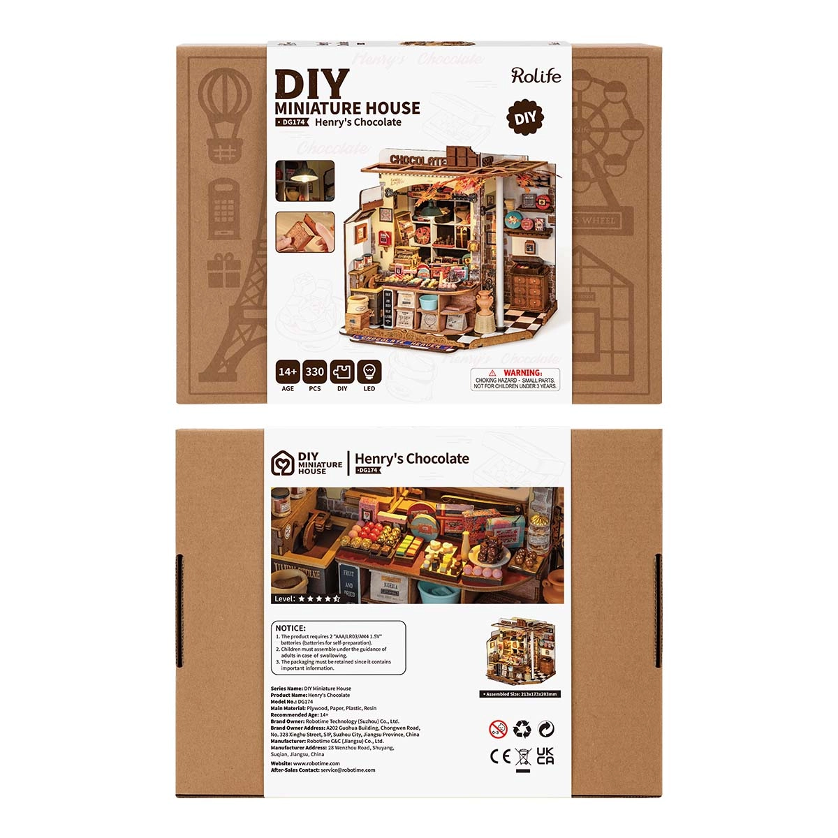 Pudełko zestawu Rolife DIY Miniature House DG174 Henry's Chocolate - Czekolada Henry'ego przód i tył specyfikacja - Värvikas
