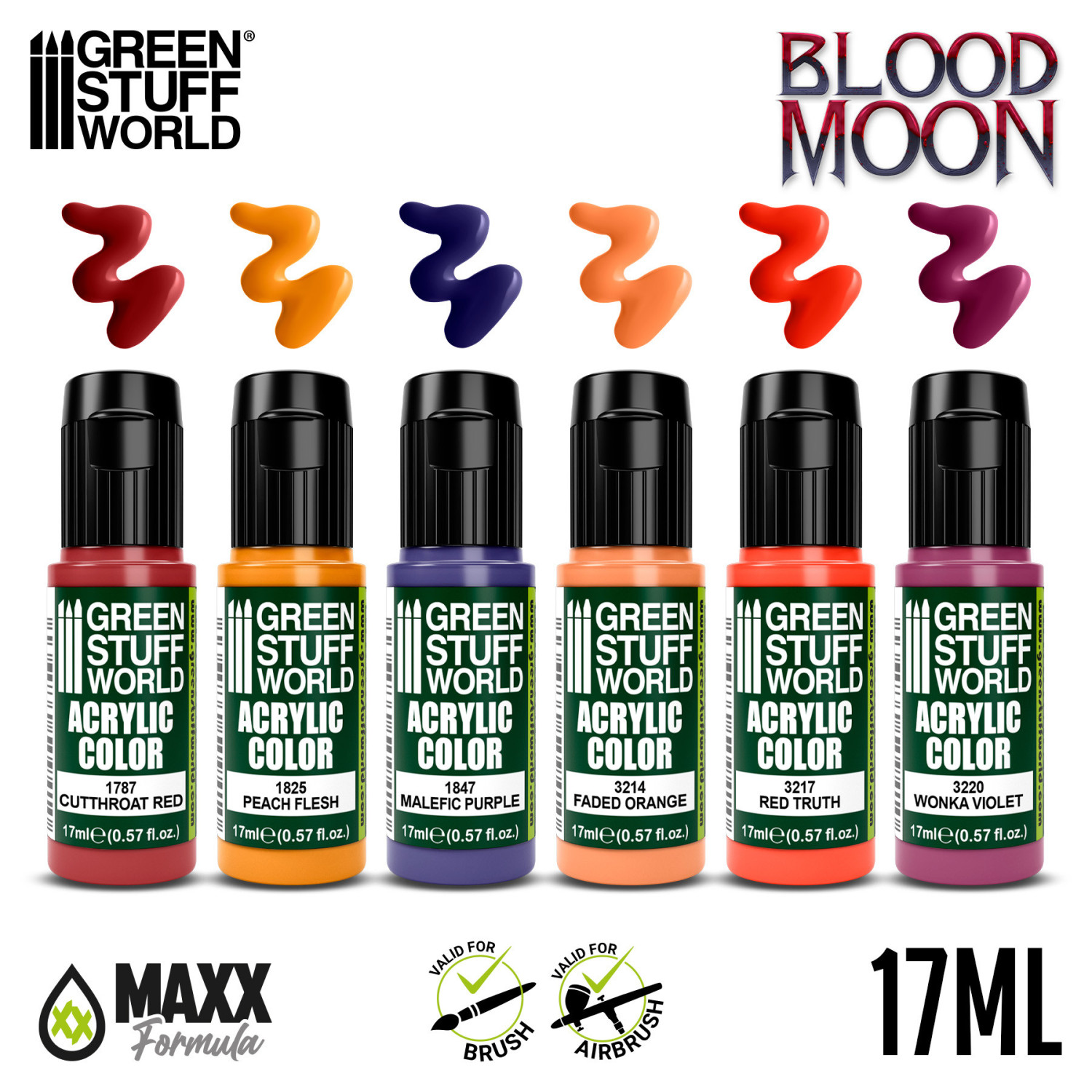 Green Stuff World Paint Set Blood Moon - paleta 6 kolorów akrylowych Maxx Formula 17ml do pędzla i aerografu - Cutthroat Red Peach Flesh Malefic Purple Faded Orange Red Truth Wonka Violet - Green Stuff World
