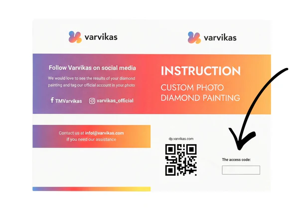 Spersonalizowana mozaika diamentowa 5D ze zdjęcia Värvikas LECP01e – instrukcja z kodem dostępu i kodem QR do generatora wzorów dp.varvikas.com
