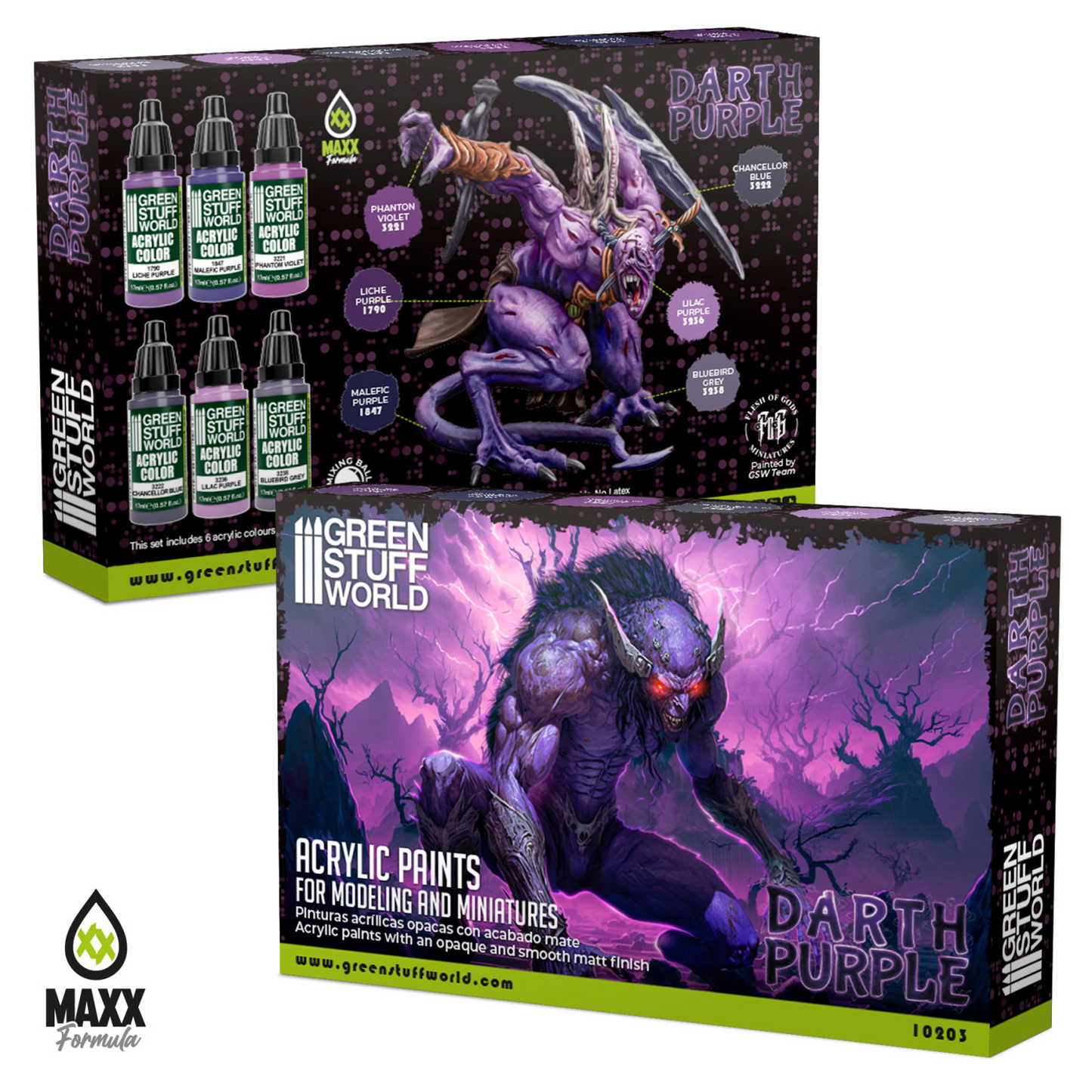 Green Stuff World Paint Set Darth Purple 10203 pudełko przód i tył - zestaw 6 farb akrylowych Maxx Formula do malowania demonów mrocznych postaci fantasy i figurek w odcieniach fioletu - Green Stuff World
