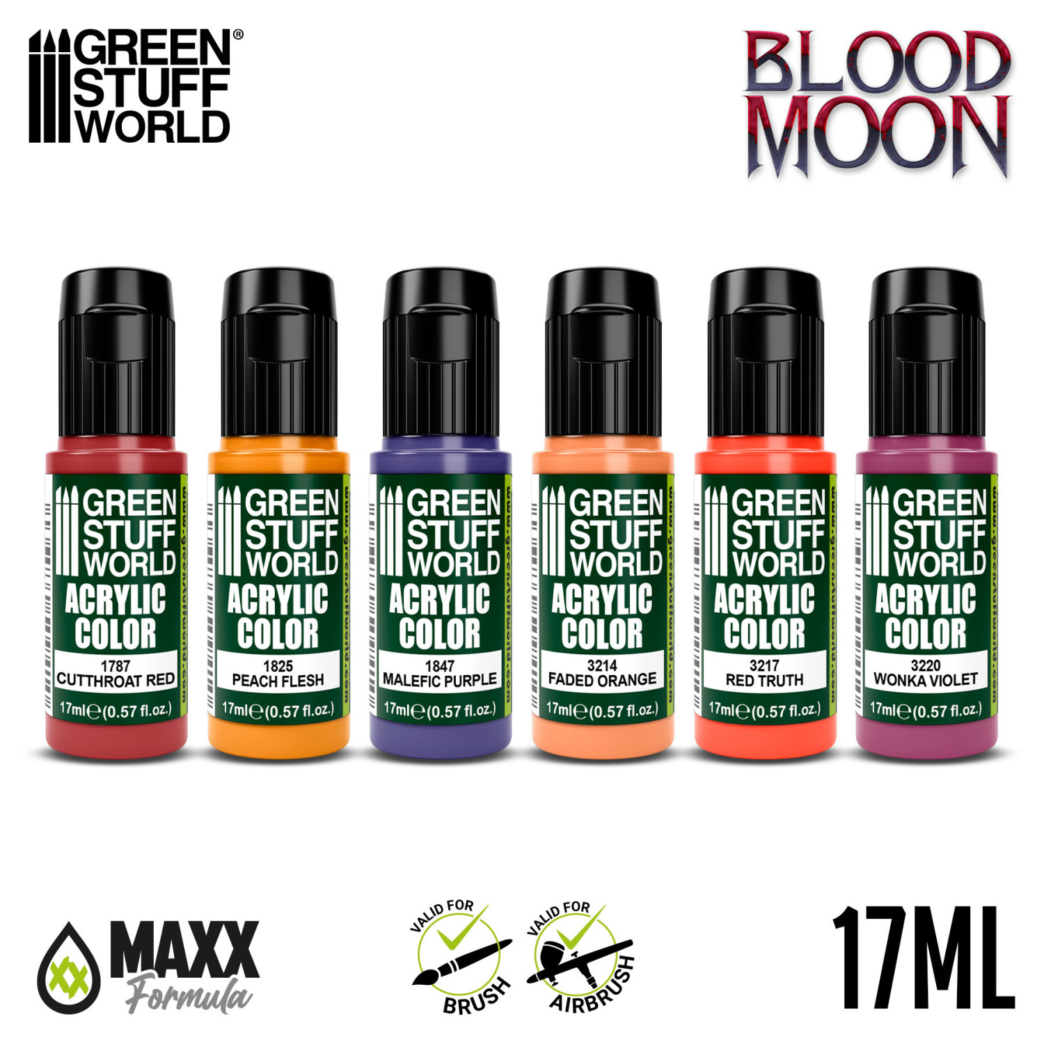 Green Stuff World Paint Set Blood Moon 10118 - 6 farb akrylowych Maxx Formula z próbkami kolorów Cutthroat Red Peach Flesh Malefic Purple Faded Orange Red Truth Wonka Violet - Green Stuff World
