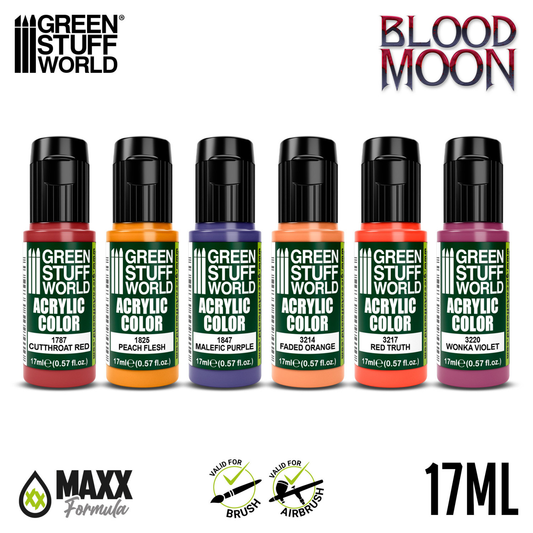 Green Stuff World Paint Set Blood Moon 10118 - 6 farb akrylowych Maxx Formula z próbkami kolorów Cutthroat Red Peach Flesh Malefic Purple Faded Orange Red Truth Wonka Violet - Green Stuff World

