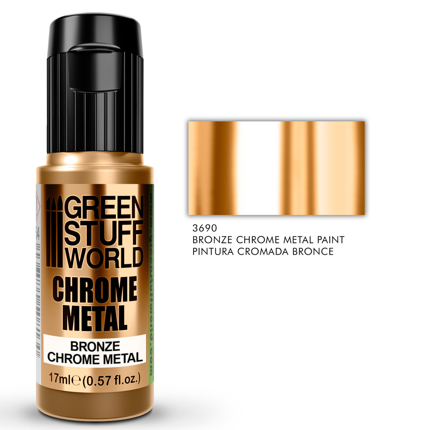 Green Stuff World Bronze Chrome Metal 3690 17ml - butelka farby chromowanej z próbką efektu lustrzanego i numerem referencyjnym Pintura Cromada Bronce - Green Stuff World
