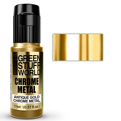 Green Stuff World Antique Gold Chrome Metal 3692 17ml - butelka farby chromowanej z próbką efektu lustrzanego postarzanego złota do figurek i modeli scale - Green Stuff World
