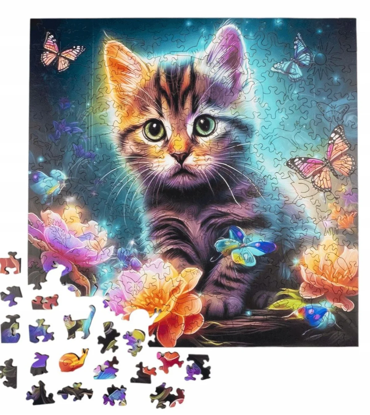 Drewniane puzzle Słodki Kot Värvikas PW030e – zbliżenie na figurkowe elementy puzzle: ślimak, dinozaur, motyl, słońce i inne kształty zwierząt i roślin na białym tle
