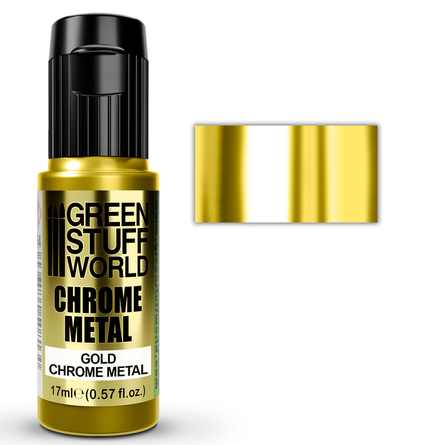 Green Stuff World Gold Chrome Metal 3691 17ml - butelka farby chromowanej z próbką efektu lustrzanego złota do figurek i modeli scale - Green Stuff World
