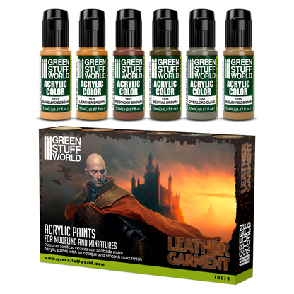 Zestaw farb Green Stuff World Paint Set Leather Garment 10119 - 6 farb akrylowych Maxx Formula Sun Bleached Bone Leather Brown Bestial Brown Overlord Olive English Field Brown Redwood Brown - Green Stuff World
