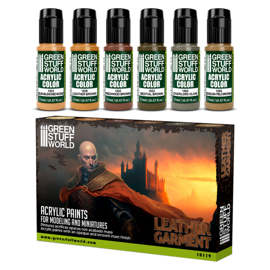 Zestaw farb Green Stuff World Paint Set Leather Garment 10119 - 6 farb akrylowych Maxx Formula Sun Bleached Bone Leather Brown Bestial Brown Overlord Olive English Field Brown Redwood Brown - Green Stuff World
