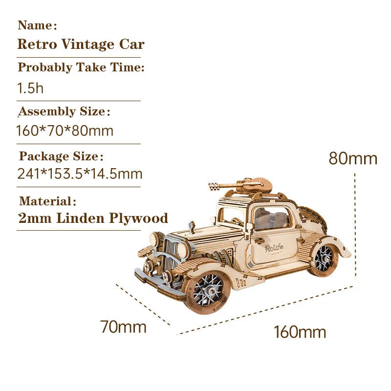 Mechaniczny drewniany model 3D Zabytkowy Samochód Rolife RA002e – infografika z wymiarami: długość 160mm, szerokość 70mm, wysokość 80mm, materiał sklejka lipowa 2mm
