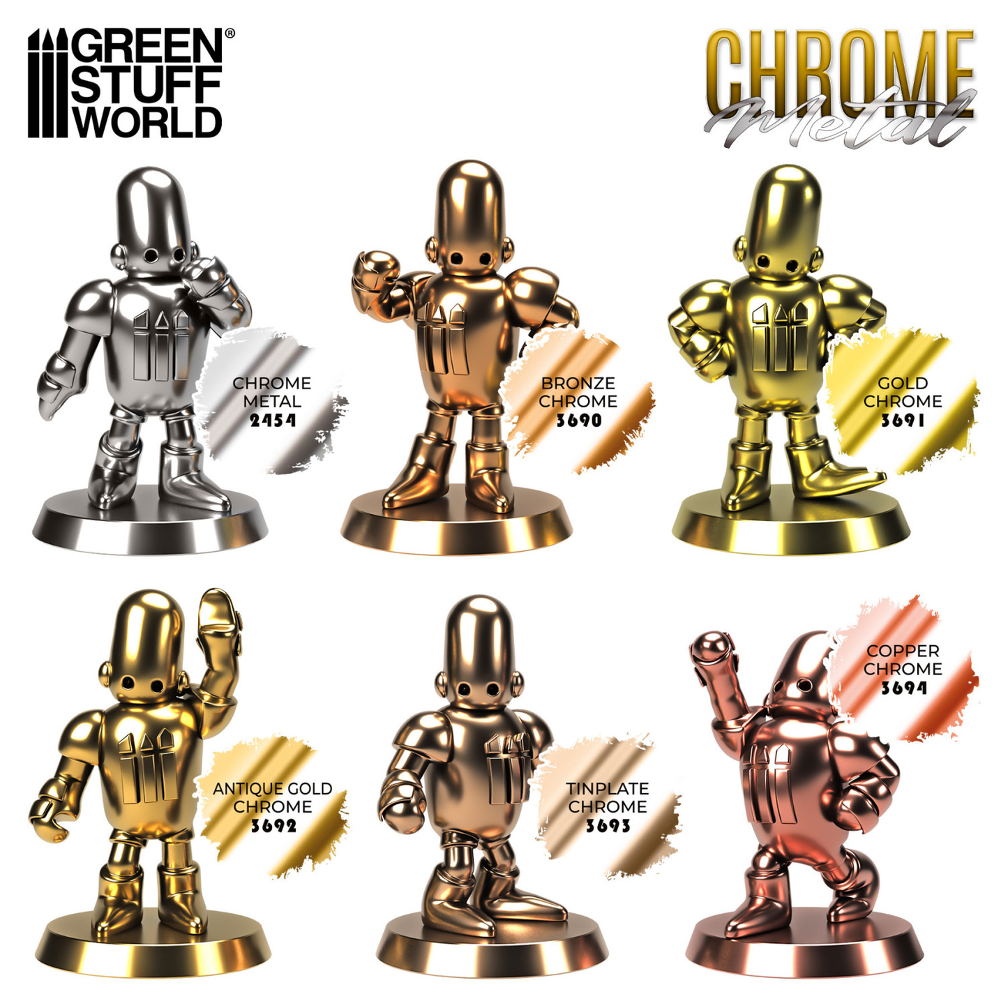 Green Stuff World Chrome Metal Color Chart - 6 kolorów chromowanych Chrome Metal Bronze Gold Antique Gold Tinplate Copper na figurkach robotów z efektem lustrzanym - Green Stuff World
