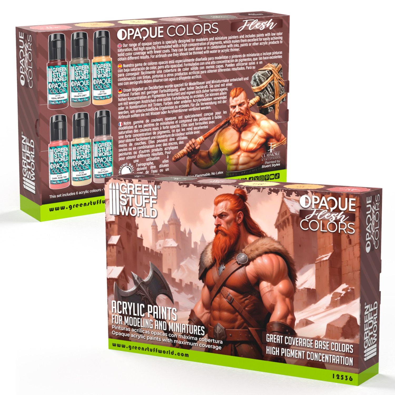Green Stuff World Opaque Paint Set Flesh Colours 12536 pudełko przód i tył - zestaw 6 kryjących farb akrylowych Opaque do malowania skóry modeli i figurek modelarskich - Green Stuff World
