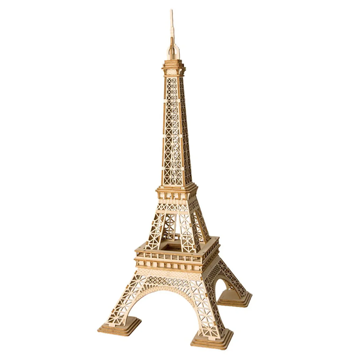Drewniany puzzle 3D Wieża Eiffla Rolife RA007e – ukończony model na białym tle, widok z przodu, naturalna sklejka lipowa, wysokość 36,5 cm
