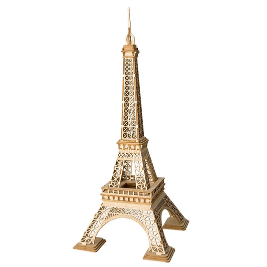 Drewniany puzzle 3D Wieża Eiffla Rolife RA007e – ukończony model na białym tle, widok z przodu, naturalna sklejka lipowa, wysokość 36,5 cm
