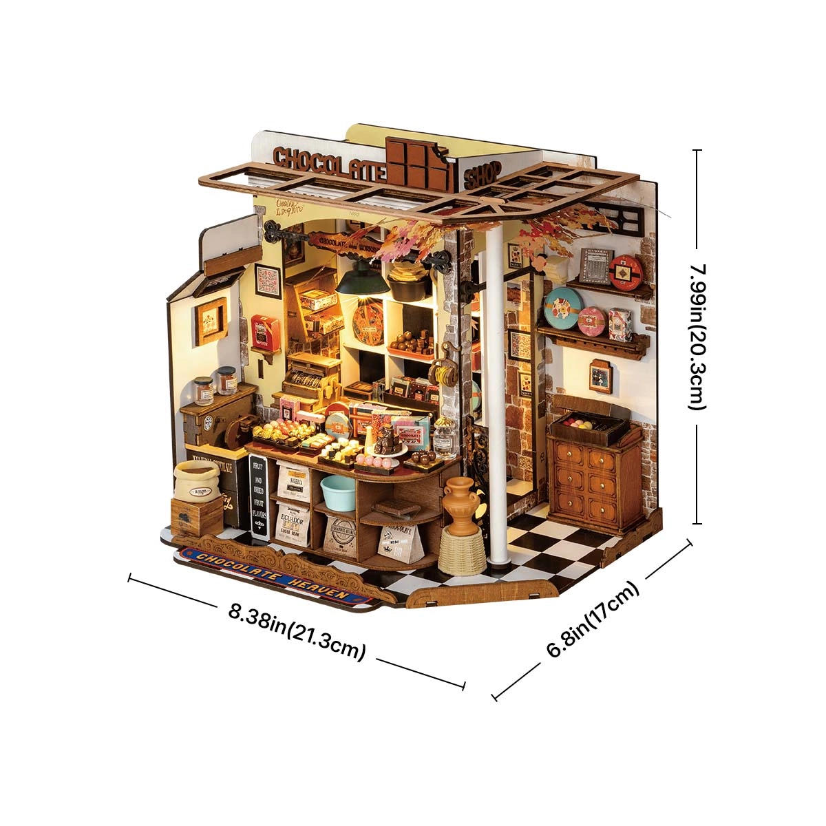 Czekolada Henry'ego DG174e - wymiary modelu 21,3x17x20,3 cm białe tło szyld Chocolate Shop kratowana podłoga LED - Värvikas
