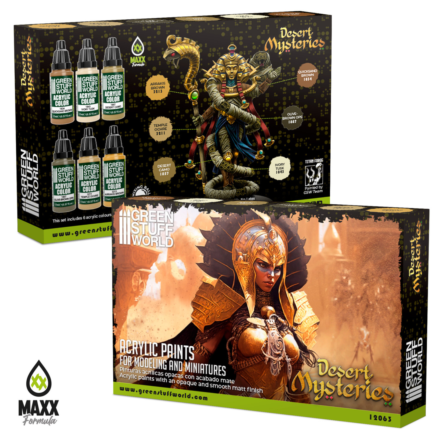 Green Stuff World Paint Set Desert Mysteries 12063 pudełko przód i tył - zestaw 6 farb akrylowych Maxx Formula do malowania figurek pustynnych i egipskich - Green Stuff World
