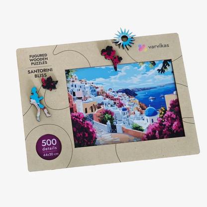 Drewniane puzzle Santorini Bliss Värvikas PW048e – pudełko prezentowe Figured Wooden Puzzles Santorini Bliss Varvikas, 500 elementów, 44×30 cm, z okienkiem z widokiem na Santorini
