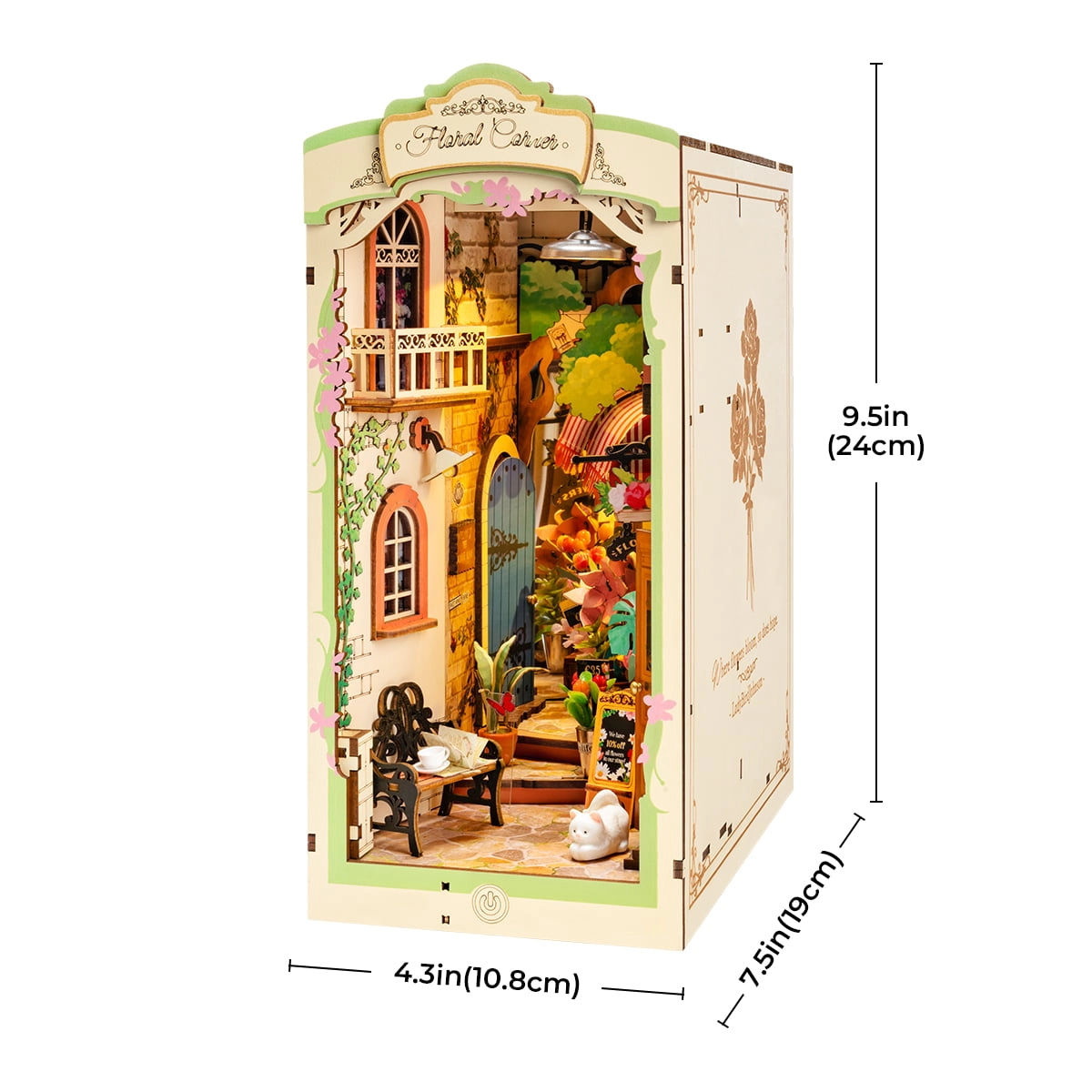 Kwiaciarnia RDS015e - Book Nook DIY białe tło wymiary 10,8x19x24 cm Floral Corner widok z boku - Värvikas
