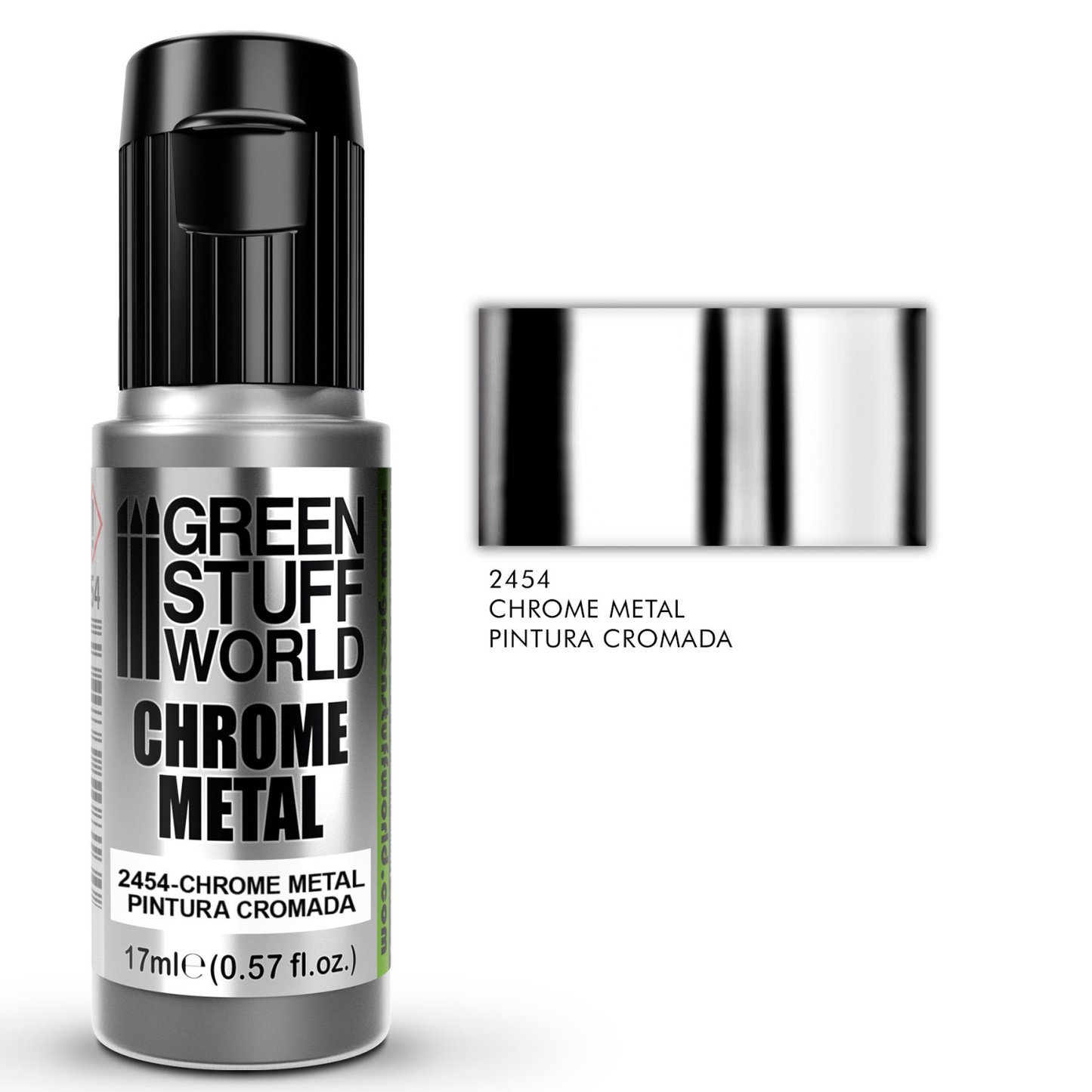 Green Stuff World Chrome Metal 2454 17ml - butelka farby chromowanej z próbką efektu lustrzanego i numerem referencyjnym - Green Stuff World
