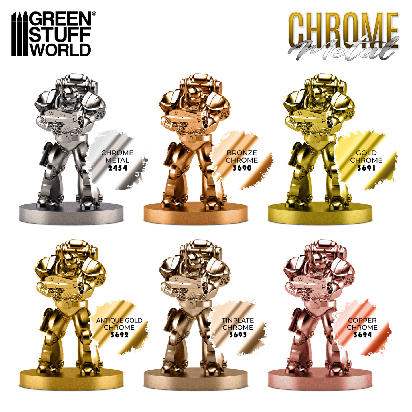 Green Stuff World Chrome Metal Color Chart - pełna paleta 6 kolorów Chrome Metal 2454 Bronze Chrome 3690 Gold Chrome 3691 Antique Gold Chrome 3692 Tinplate Chrome 3693 Copper Chrome 3694 na figurkach Space Marine - Green Stuff World
