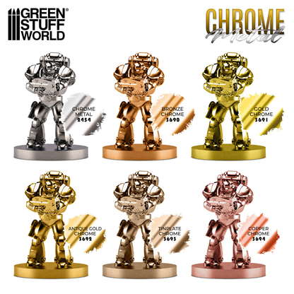 Green Stuff World Chrome Metal Color Chart - pełna paleta 6 kolorów Chrome Metal 2454 Bronze Chrome 3690 Gold Chrome 3691 Antique Gold Chrome 3692 Tinplate Chrome 3693 Copper Chrome 3694 na figurkach Space Marine - Green Stuff World
