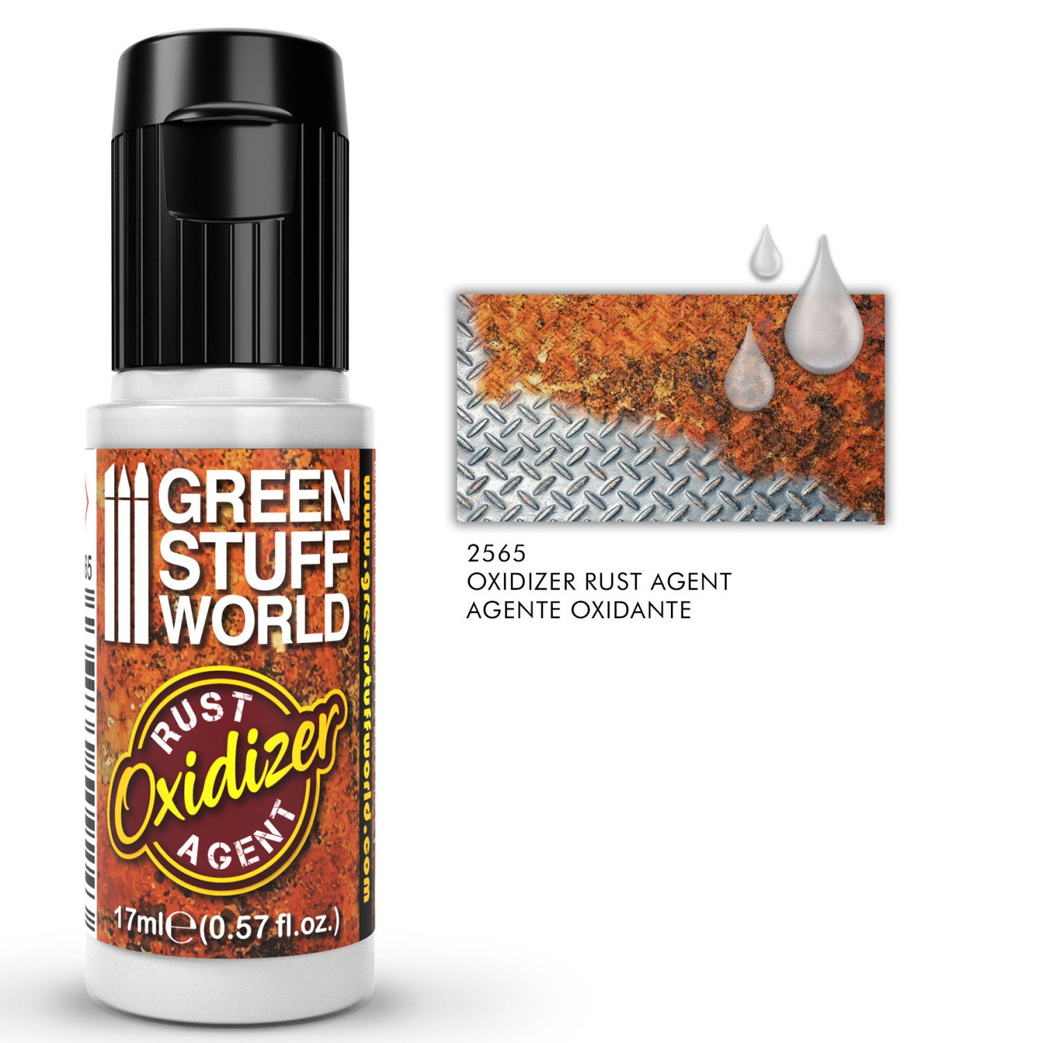 Green Stuff World Rust Oxidizer 2565 17ml - butelka płynu do rdzy z numerem referencyjnym i próbką efektu oksydacji na metalowej blasze - Green Stuff World
