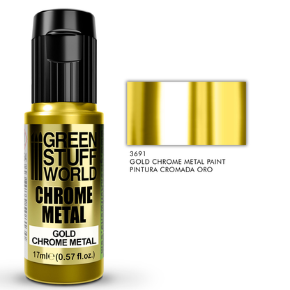 Green Stuff World Gold Chrome Metal 3691 17ml - butelka farby chromowanej z próbką efektu lustrzanego i numerem referencyjnym Pintura Cromada Oro - Green Stuff World
