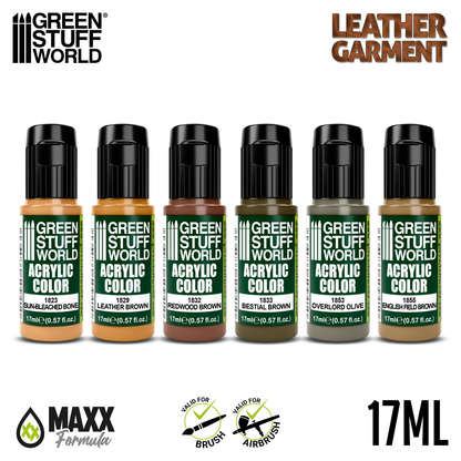 Green Stuff World Paint Set Leather Garment 10119 - 6 butelek farb akrylowych Maxx Formula 17ml Sun Bleached Bone Leather Brown Bestial Brown Overlord Olive English Field Brown Redwood Brown - Green Stuff World

