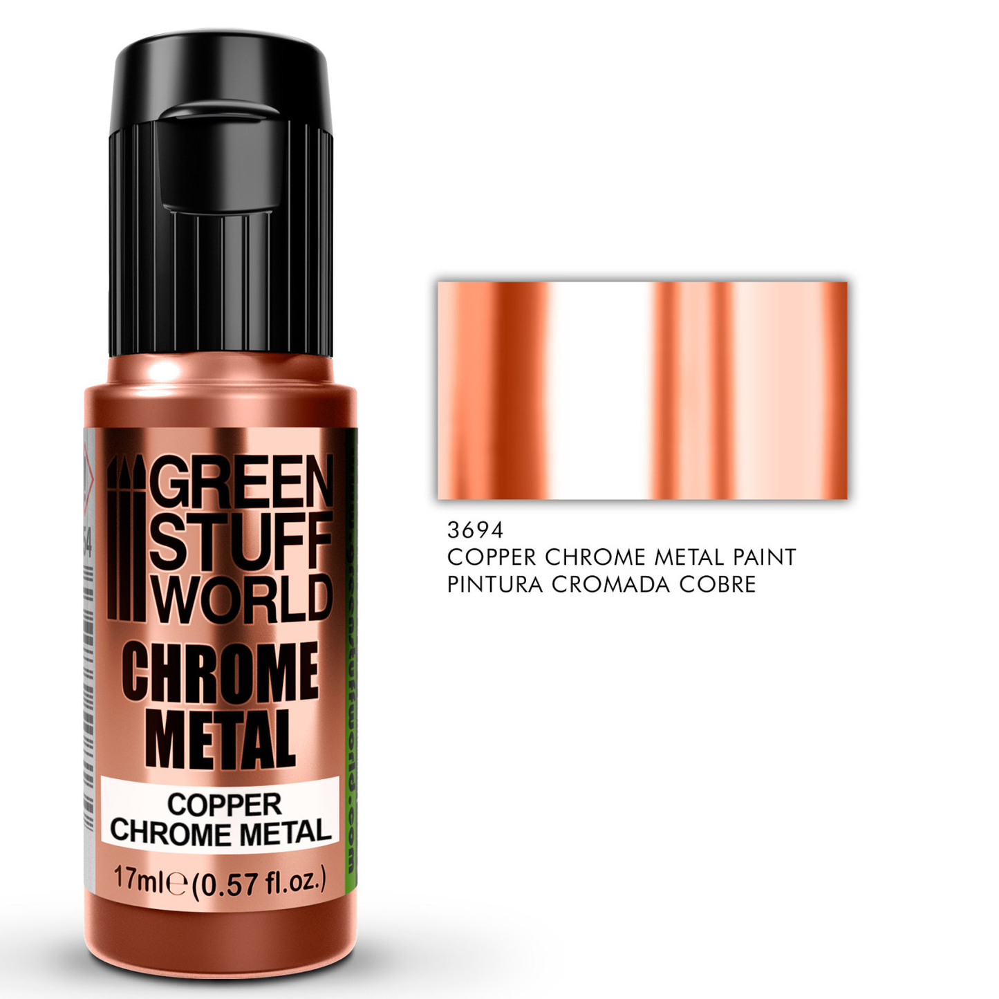 Green Stuff World Copper Chrome Metal 3694 17ml - butelka farby chromowanej z próbką efektu lustrzanego i numerem referencyjnym Pintura Cromada Cobre - Green Stuff World
