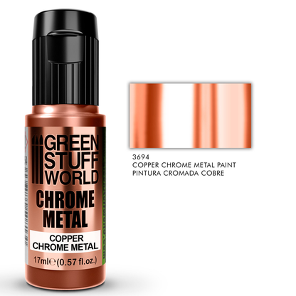 Green Stuff World Copper Chrome Metal 3694 17ml - butelka farby chromowanej z próbką efektu lustrzanego i numerem referencyjnym Pintura Cromada Cobre - Green Stuff World
