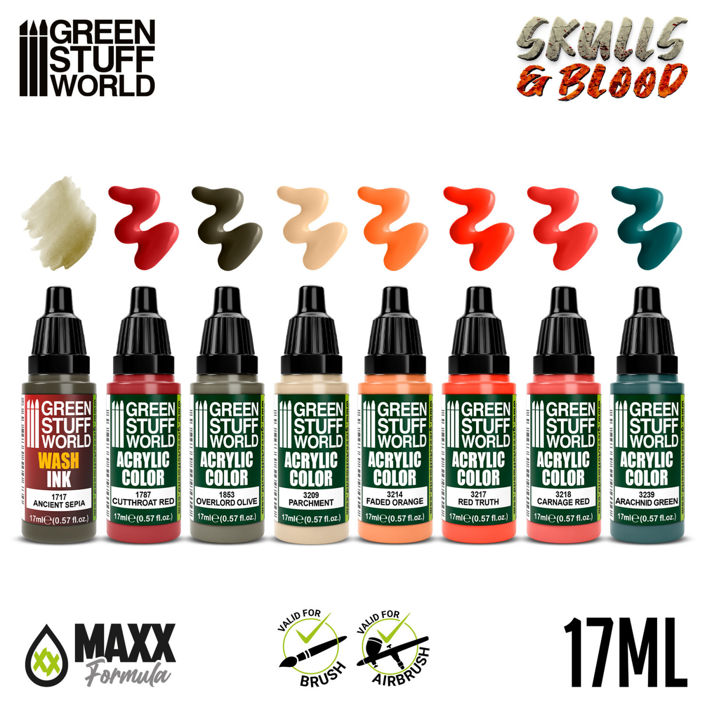 Green Stuff World Paint Set Skulls and Blood 12064 - paleta 8 kolorów akrylowych Maxx Formula 17ml z próbkami Ancient Sepia Cutthroat Red Overlord Olive Parchment Faded Orange Red Truth Carnage Red Arachnid Green - Green Stuff World
