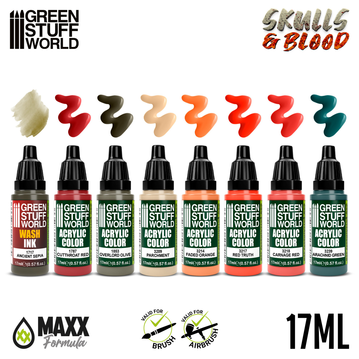 Green Stuff World Paint Set Skulls and Blood 12064 - paleta 8 kolorów akrylowych Maxx Formula 17ml z próbkami Ancient Sepia Cutthroat Red Overlord Olive Parchment Faded Orange Red Truth Carnage Red Arachnid Green - Green Stuff World
