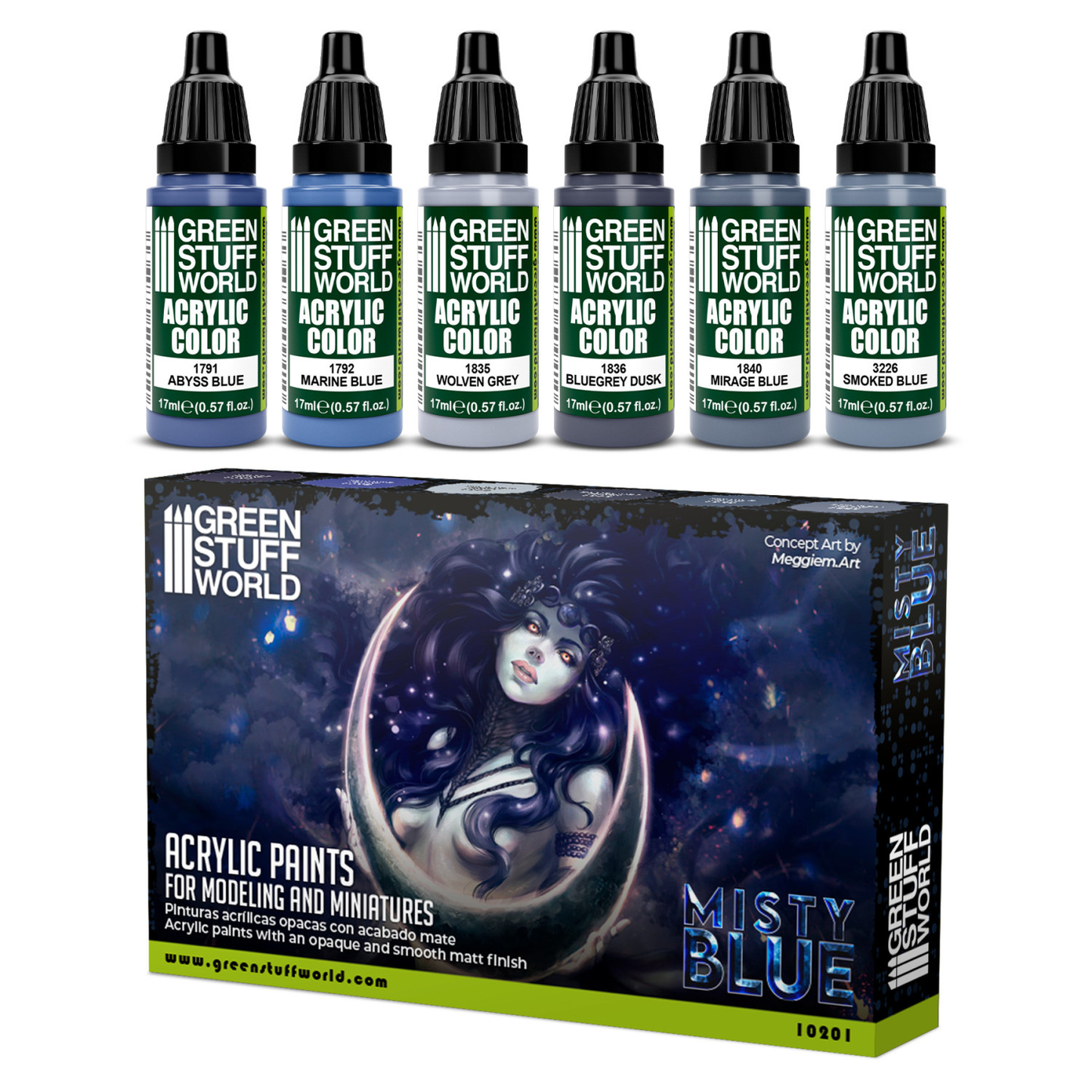 Zestaw farb Green Stuff World Paint Set Misty Blue 10201 - 6 farb akrylowych Maxx Formula w odcieniach błękitu i szarości do malowania figurek fantasy - Green Stuff World
