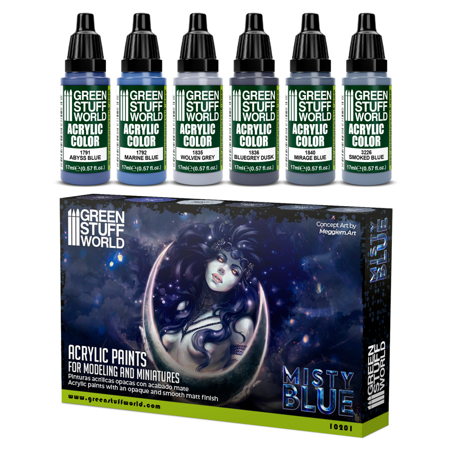 Zestaw farb Green Stuff World Paint Set Misty Blue 10201 - 6 farb akrylowych Maxx Formula w odcieniach błękitu i szarości do malowania figurek fantasy - Green Stuff World
