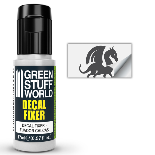 Green Stuff World Decal Fixer 1752 17ml - butelka utrwalacza do kalkomanii z przykładem aplikacji kalki z logo smoka na model - Green Stuff World
