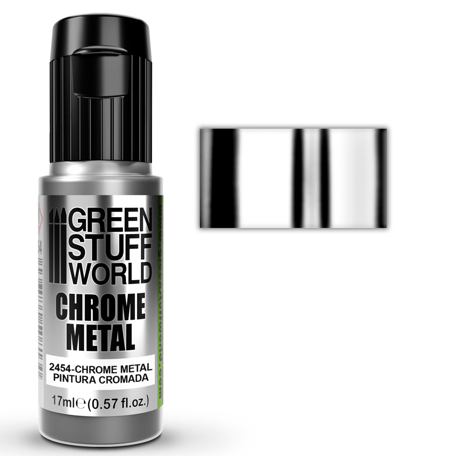 Green Stuff World Chrome Metal 2454 17ml - butelka farby chromowanej z próbką efektu lustrzanego chromu - farba na bazie alkoholu do figurek i modeli - Green Stuff World
