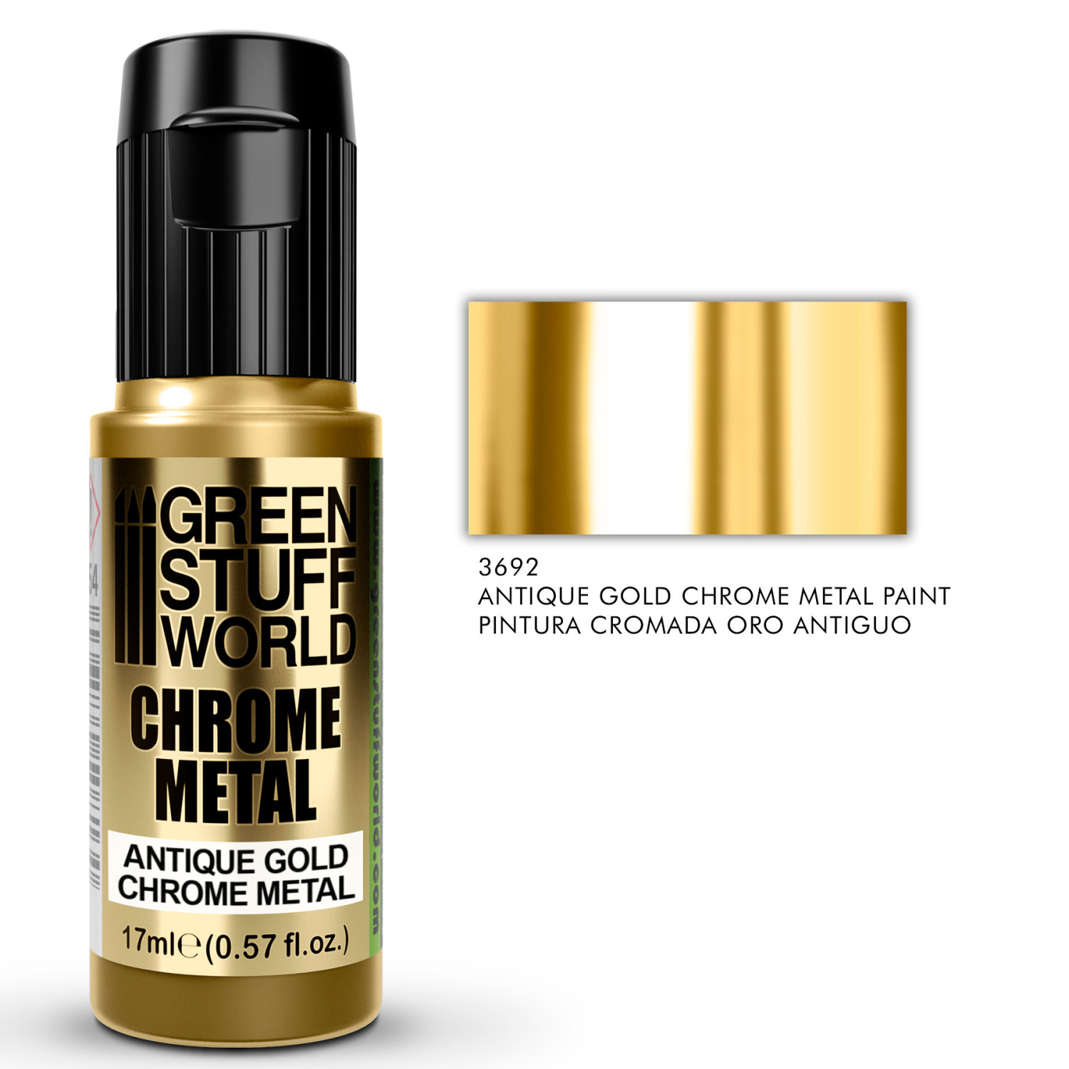Green Stuff World Antique Gold Chrome Metal 3692 17ml - butelka farby chromowanej z próbką efektu lustrzanego i numerem referencyjnym Pintura Cromada Oro Antiguo - Green Stuff World
