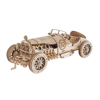 Mechaniczny drewniany model 3D Samochód Grand Prix V8 Rolife RA001e – ukończony model na białym tle, widok z przodu i boku, numer 02 na boku
