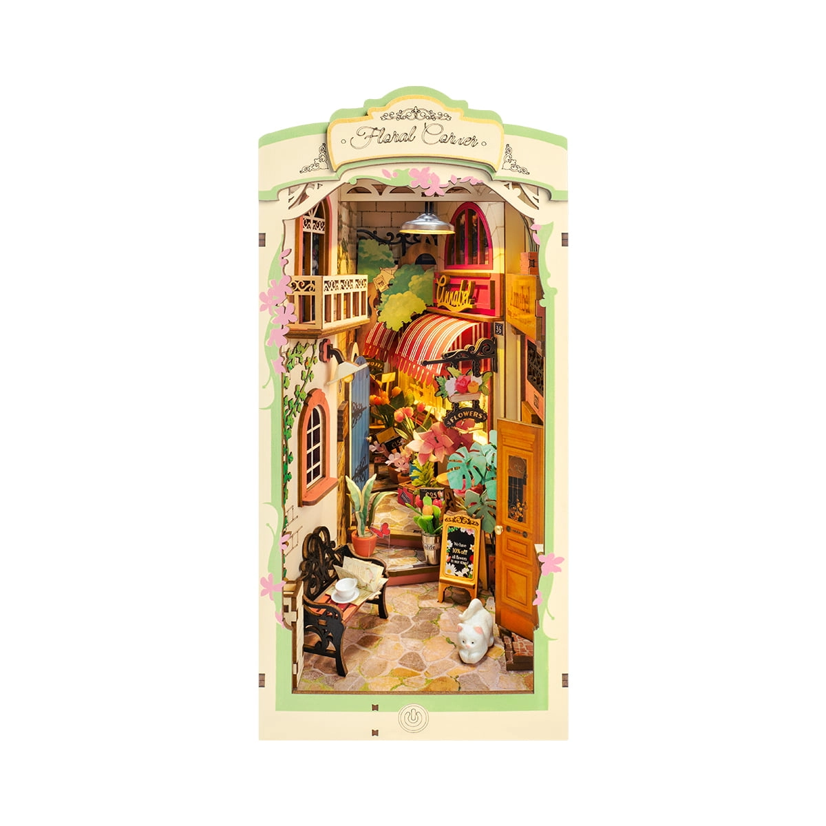 Kwiaciarnia RDS015e - Book Nook DIY białe tło Floral Corner szyld ławeczka kot kwiaty ciepłe LED - Värvikas
