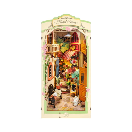 Kwiaciarnia RDS015e - Book Nook DIY białe tło Floral Corner szyld ławeczka kot kwiaty ciepłe LED - Värvikas
