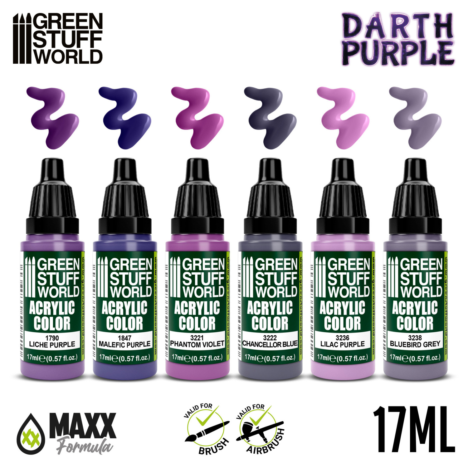 Green Stuff World Paint Set Darth Purple 10203 - paleta 6 kolorów akrylowych Maxx Formula 17ml z próbkami Liche Purple Malefic Purple Phantom Violet Chancellor Blue Lilac Purple Bluebird Grey - Green Stuff World
