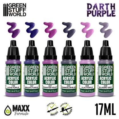 Green Stuff World Paint Set Darth Purple 10203 - paleta 6 kolorów akrylowych Maxx Formula 17ml z próbkami Liche Purple Malefic Purple Phantom Violet Chancellor Blue Lilac Purple Bluebird Grey - Green Stuff World
